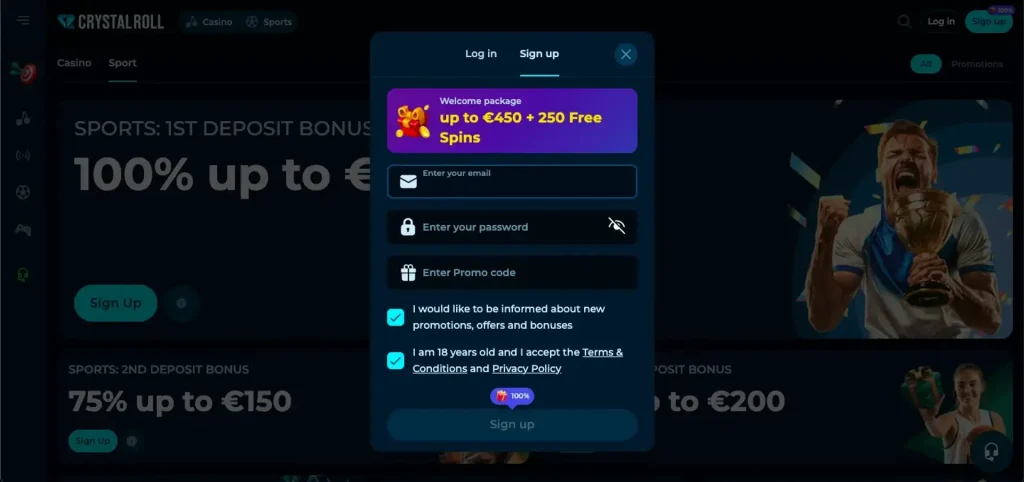 Registratie bij het casino CrystalRoll Casino